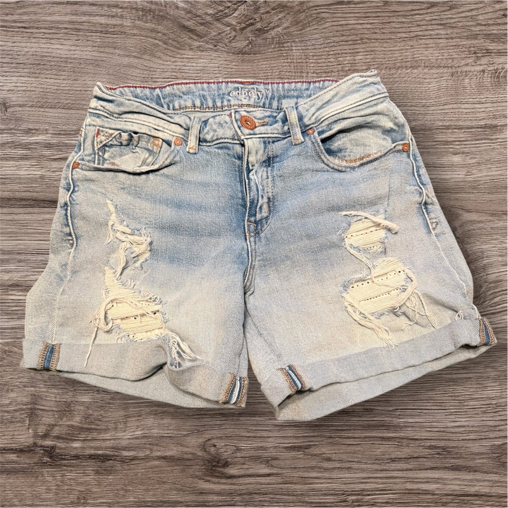 Trendy Light Blue Distressed Jean Shorts